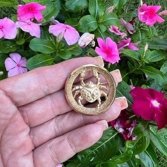 Vintage Crown Trifari 1969 Cancer Zodiac Brooch Gold-tone Astrology Crab - Picture 4 of 17